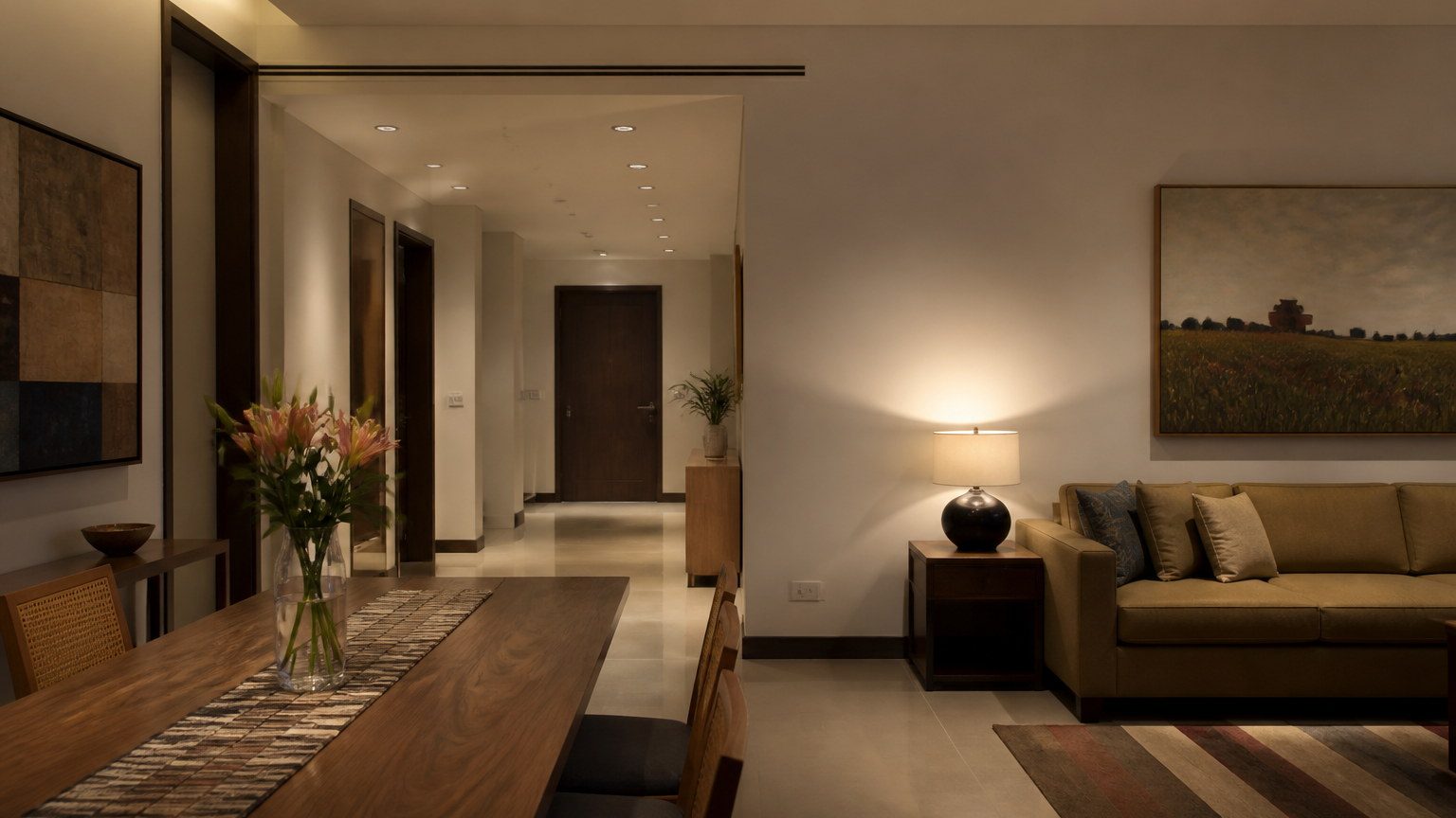 Wide living interior with layered lighting: ceiling wash and a quiet table lamp