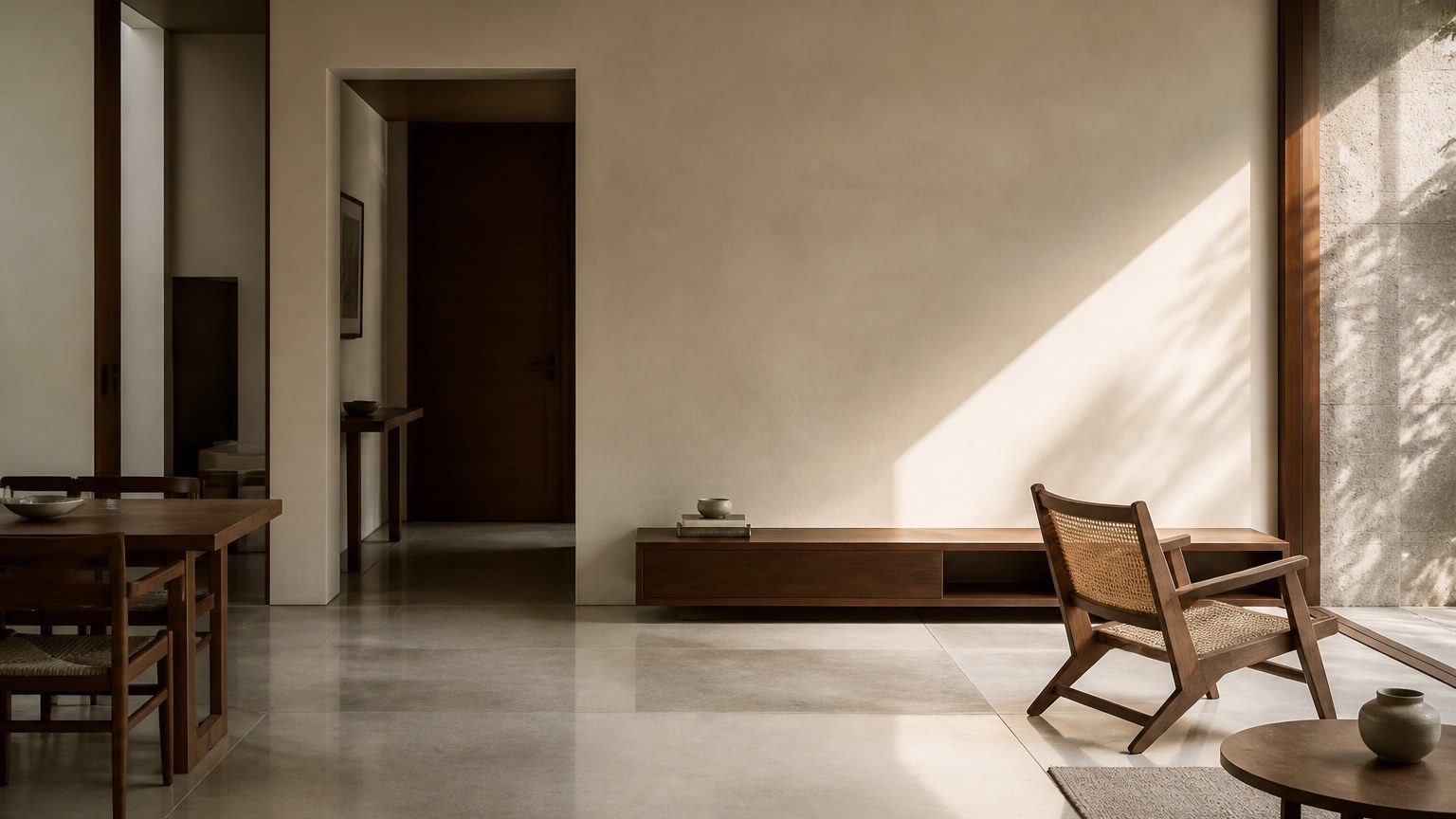 Restrained Indian living room in daylight, with plaster walls, timber furniture and a stone floor