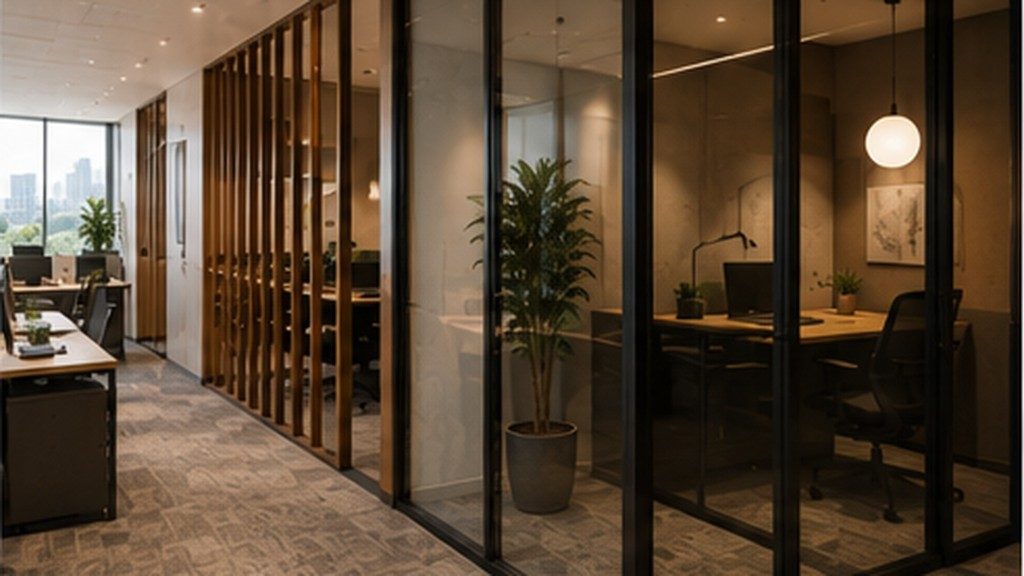 Workplace arranged as a gradient from open desks through semi-private zones to enclosed focus rooms