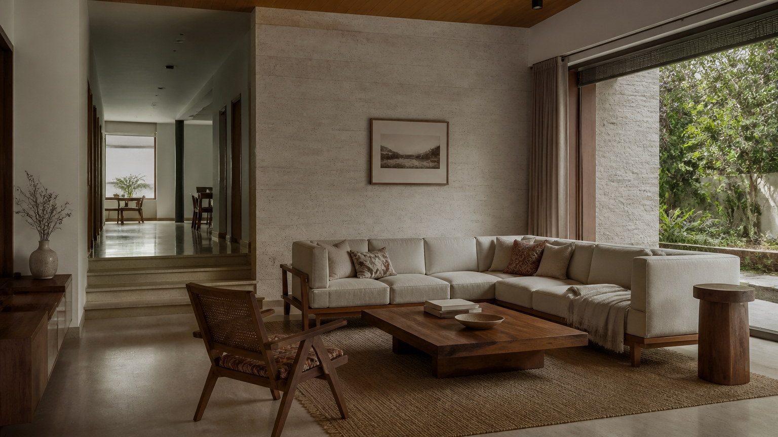 Finished quiet Indian residential interior in daylight, empty of people