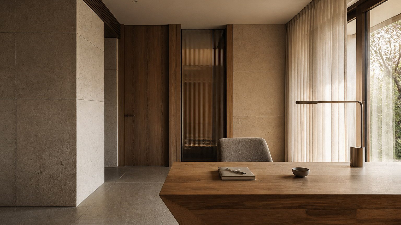 A restrained interior of stone, timber, metal and quiet textiles, composed through proportion rather than decoration
