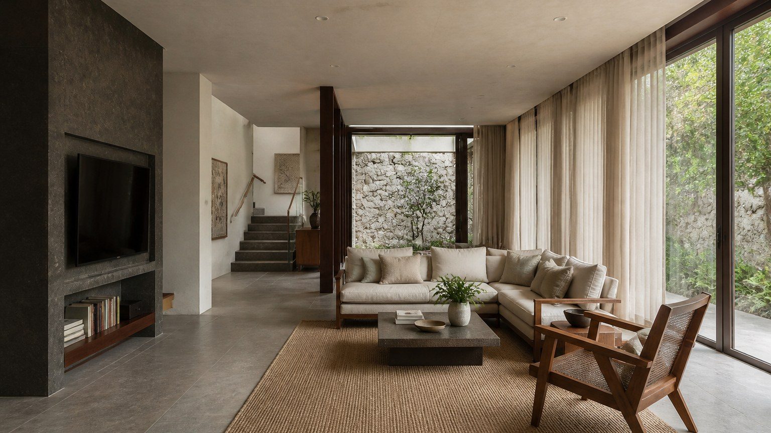 Wide residential interior where drapes and a rug soften a hard material palette