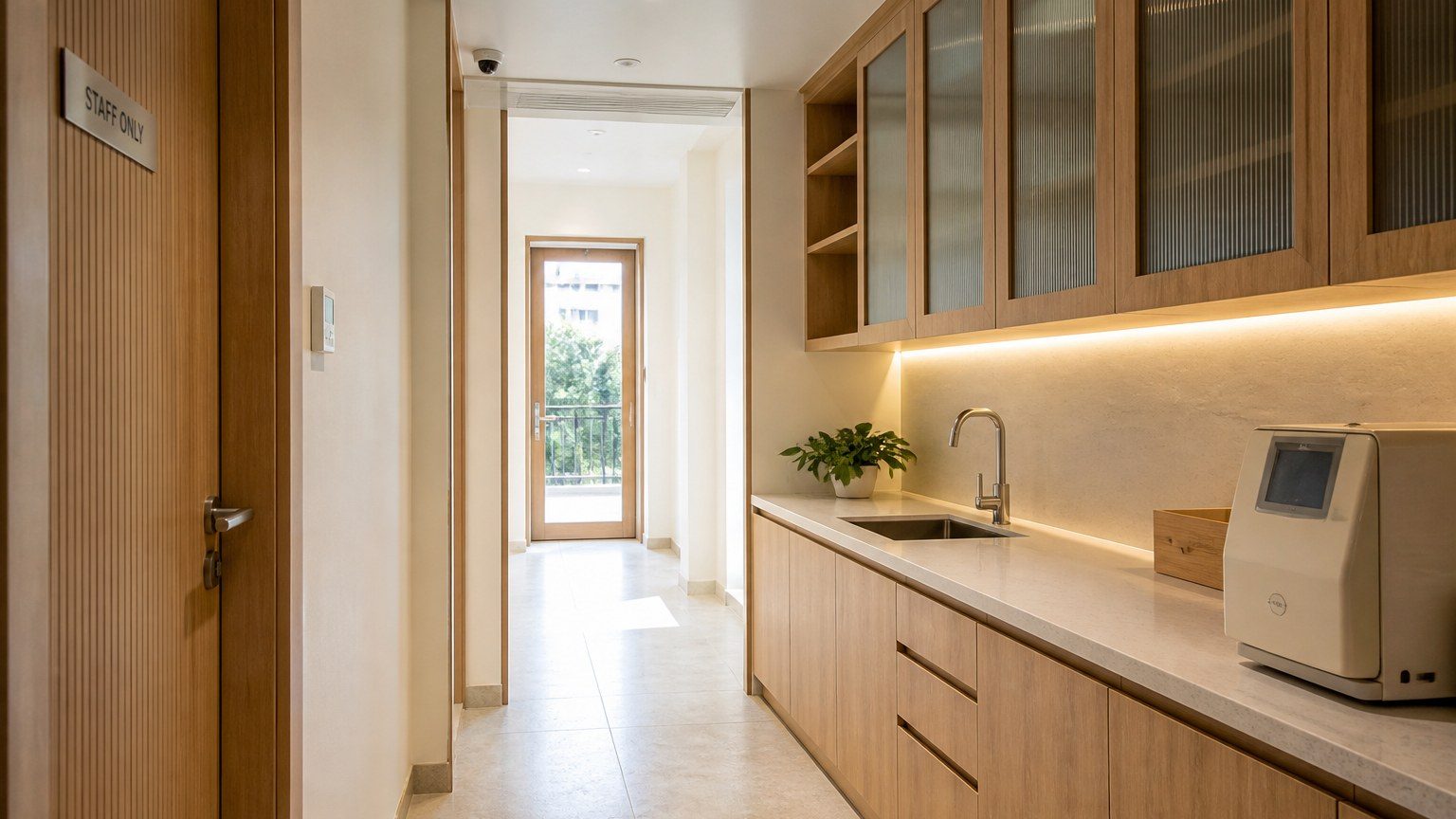 Quiet staff-side corridor or prep in a dental clinic, ordered and unbranded
