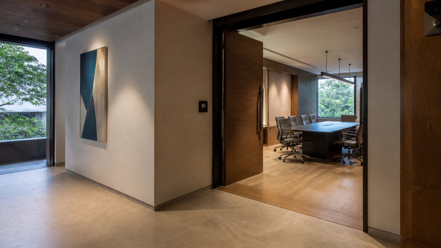 Wide view of a composed office threshold between arrival and meeting rooms