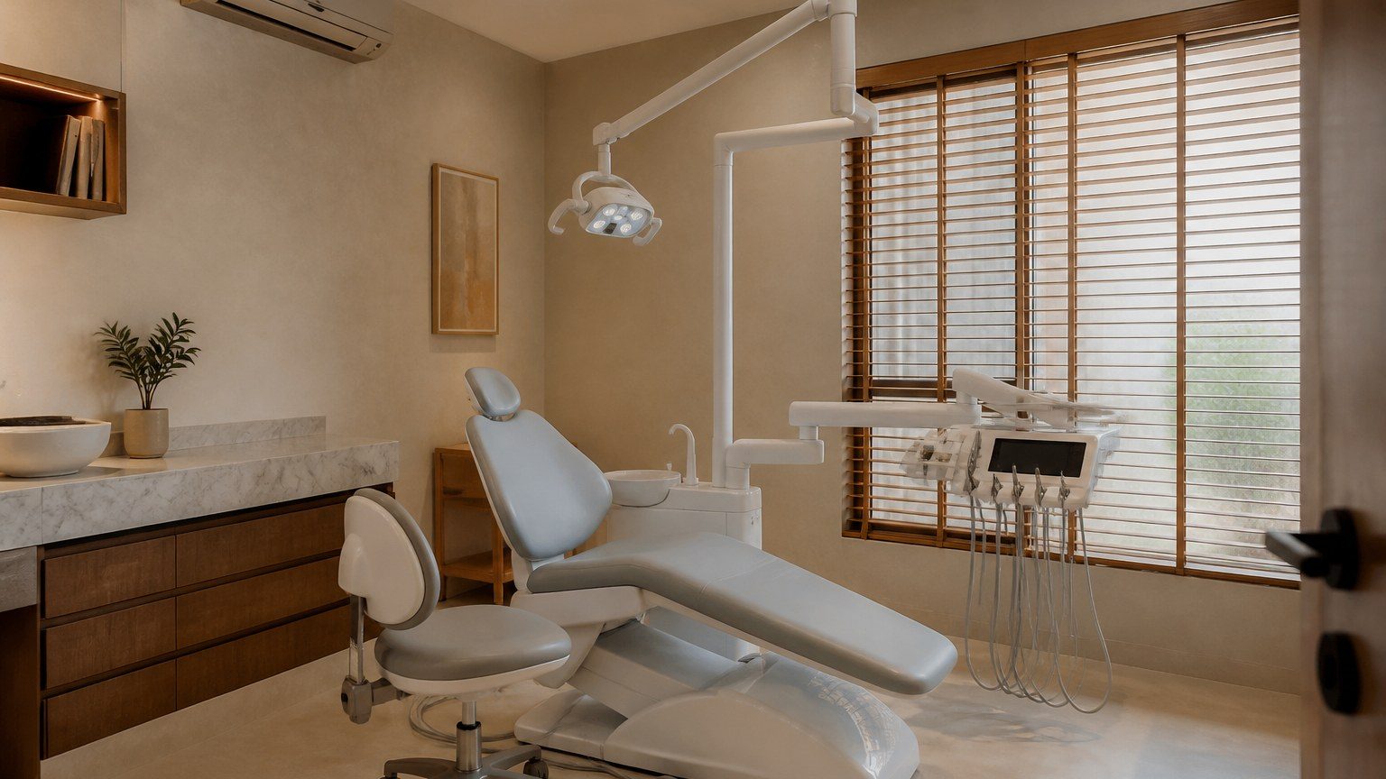 Treatment room with controlled light, pale plaster and a non-clinical material at the edge