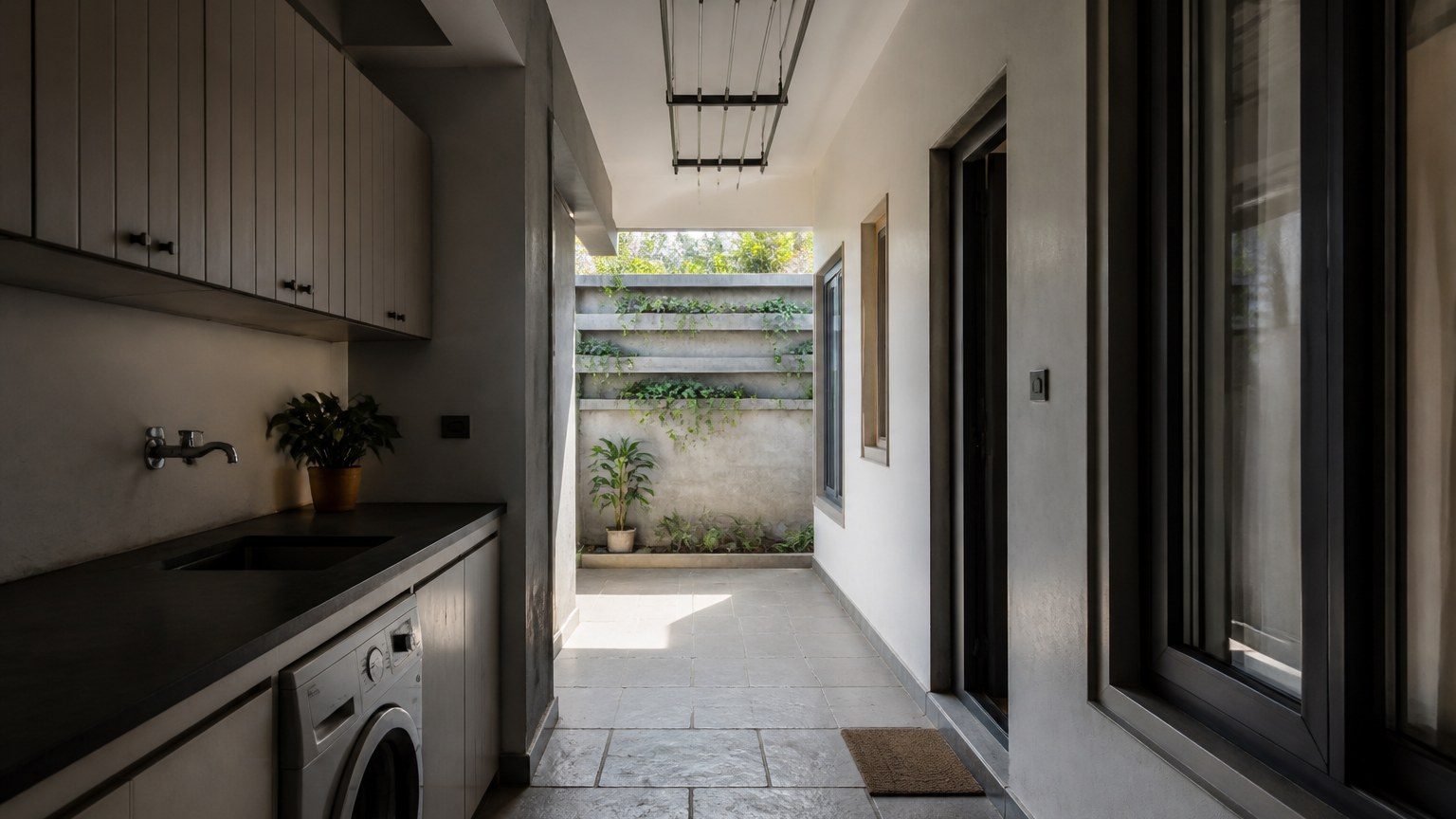Utility edge of a home: ordered service wall, stone floor, daylight from a secondary opening