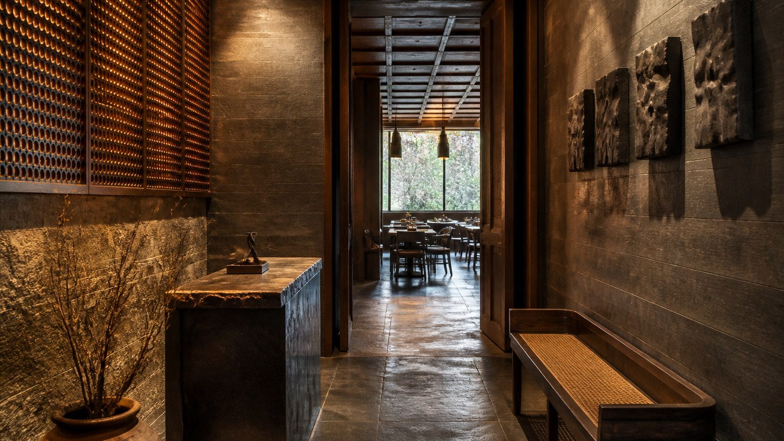 Restaurant arrival threshold with a quieter vestibule before the dining room