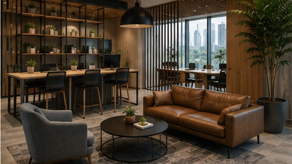 Informal workplace collaboration area positioned near but apart from quieter work zones