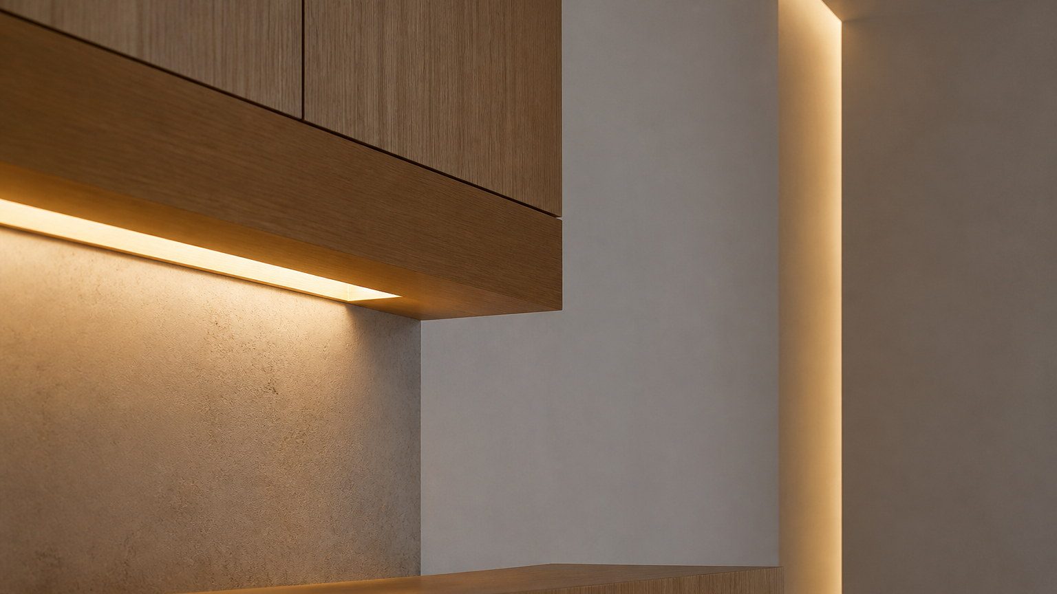 Recessed lighting cove in millwork washing a wall