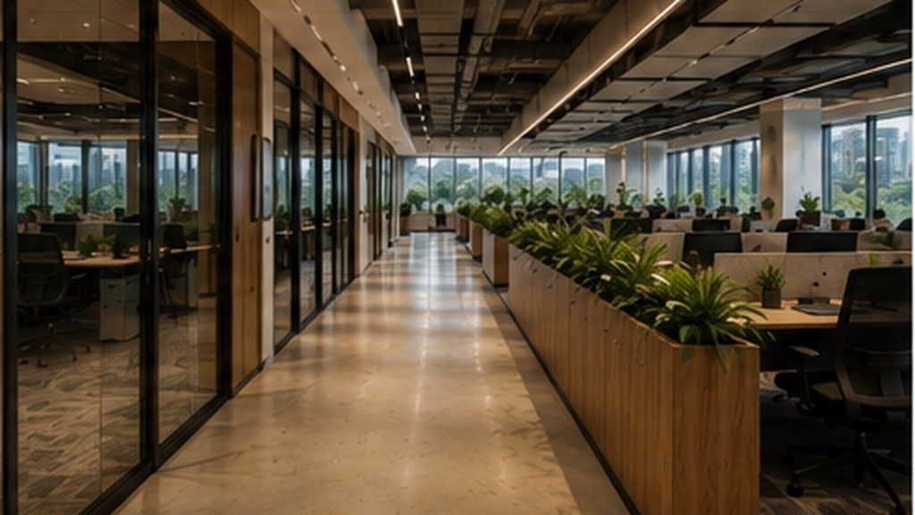 Office circulation path deliberately routed around focused work areas