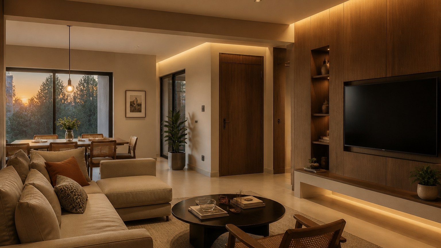 Indian living room at the turn from late daylight to warm concealed artificial light