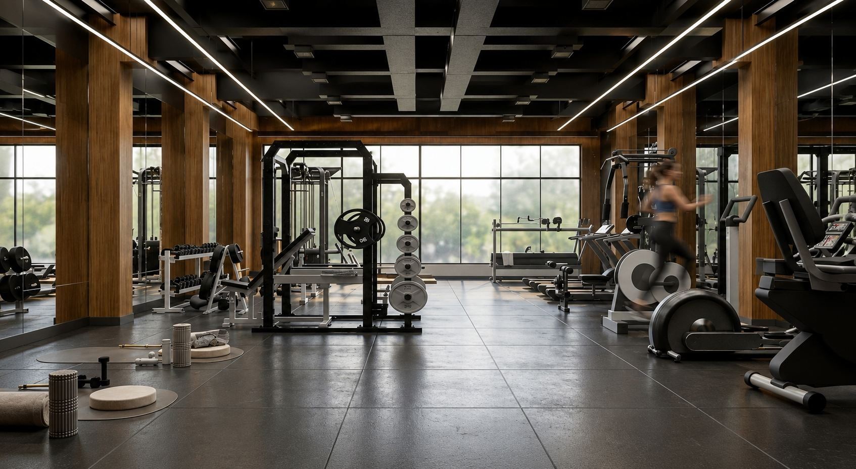 Full-height windows and wood-clad columns on the ECA Gym training floor
