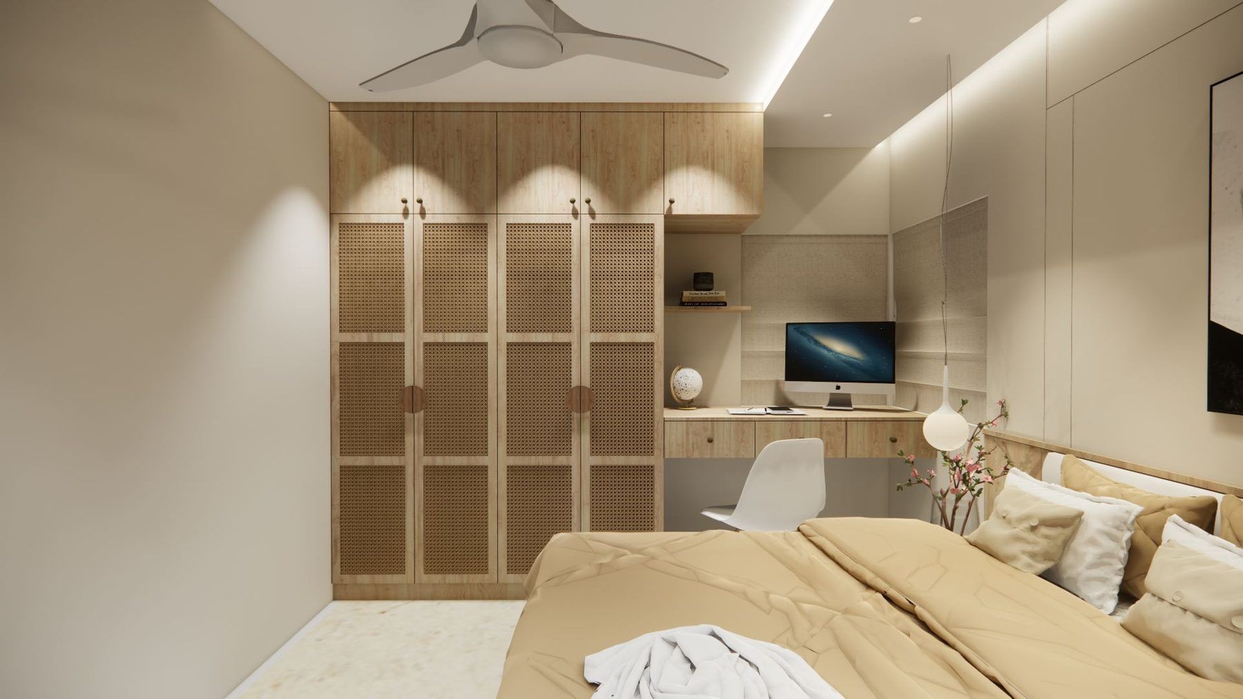 Bedroom with rattan wardrobe and built-in study nook at Aratt Villa