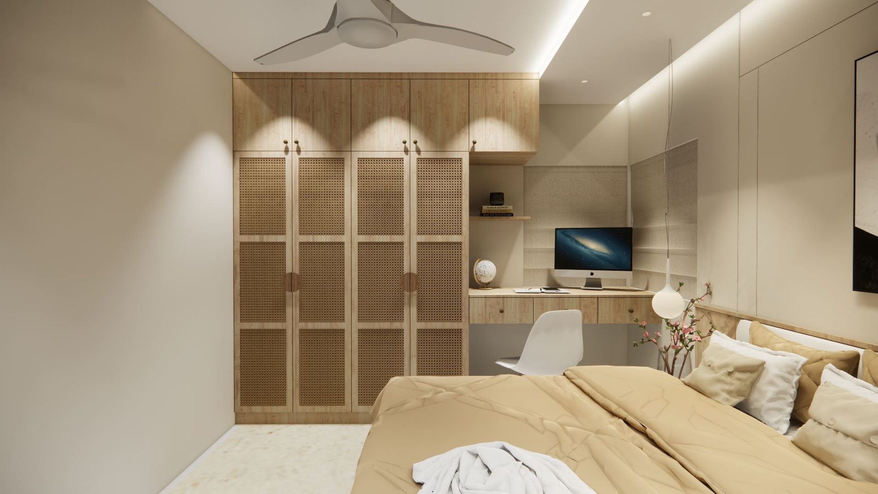 Bedroom with rattan wardrobe and built-in study nook at Aratt Villa