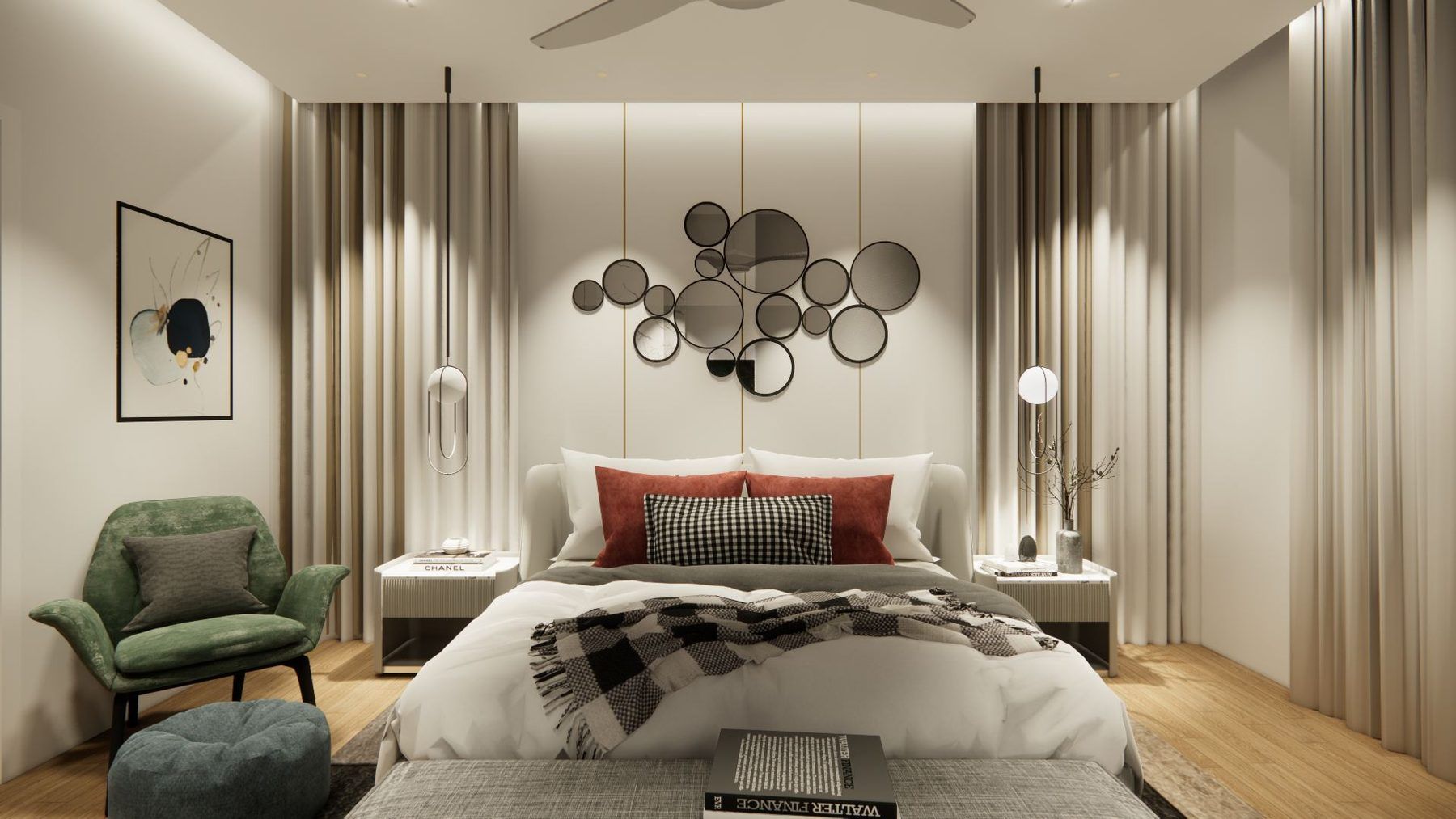 Residential bedroom at Aratt Villa with layered bedding, pendant lighting and a seating nook