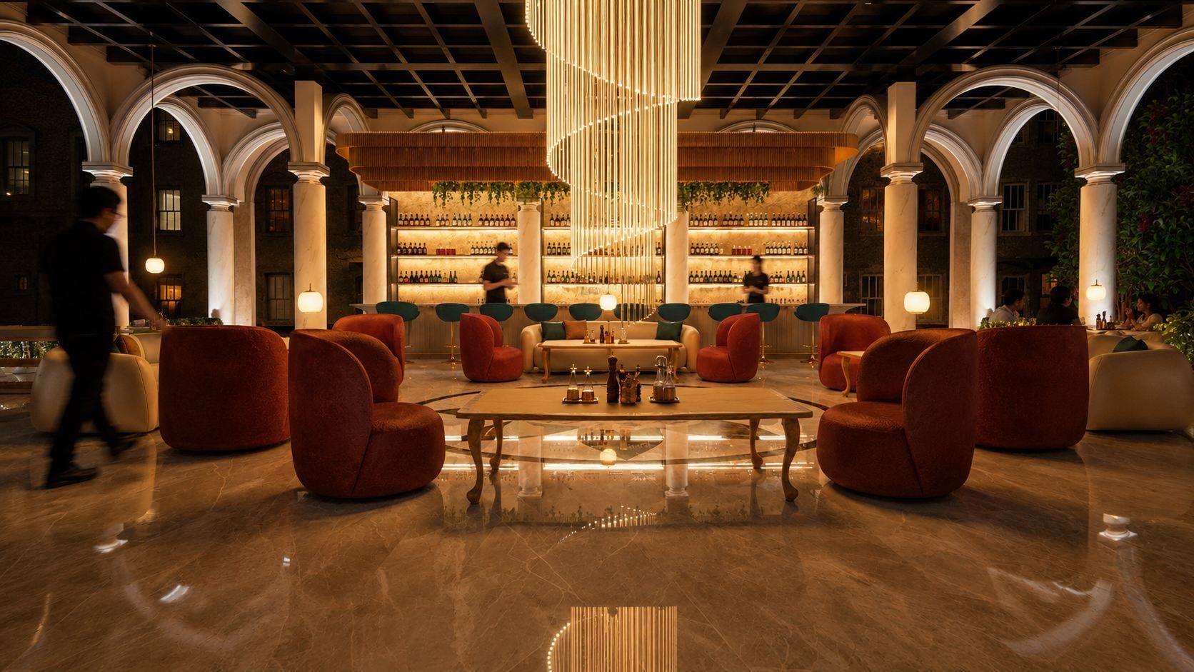 Lounge seating beneath the arched colonnade