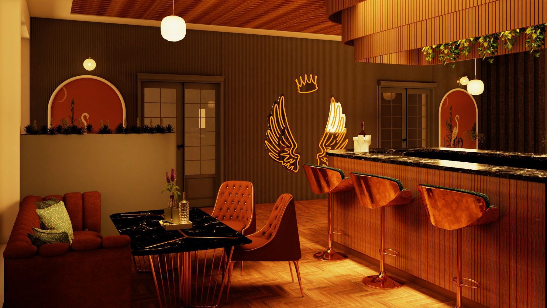 Moody lounge with red seating and rose-gold accents