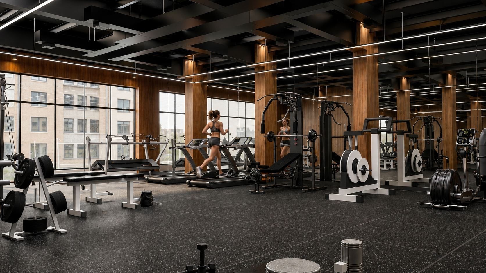 Free weights area with wall mirrors